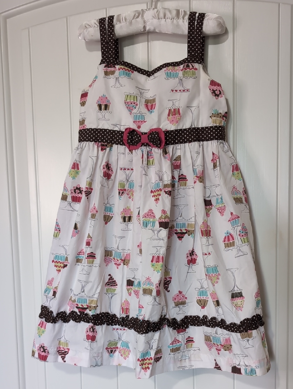 Blueberi Boulevard Girls White Cupcake Print Sundress with Pink Bow Size 6